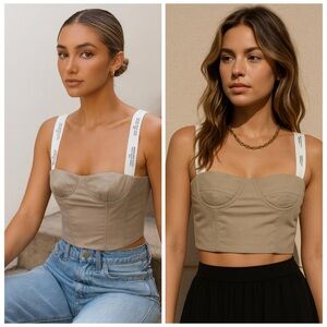 NWT ROKH Tan Logo Ribbon Bustier Crop Top Size 38 / US 4-6